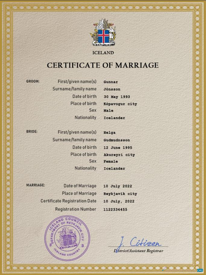 Download Iceland marriage certificate PSD template Photoshop template